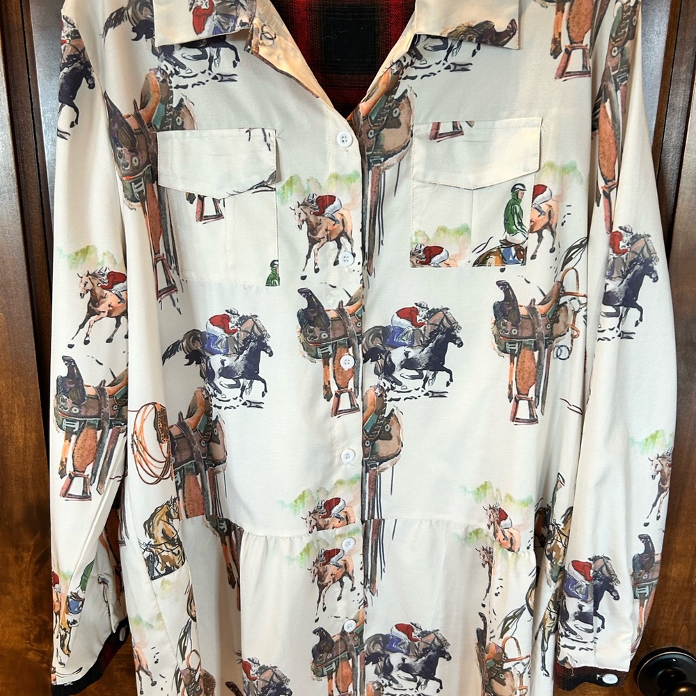 MISSLOOK Cream Equestrian Print Button-Down Shirt